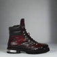 BURGUNDY CROC LEATHER LACE UP BOOTS WITH METAL PLATES - CHELSEA BOOTS