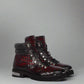 BURGUNDY CROC LEATHER LACE UP BOOTS WITH METAL PLATES - CHELSEA BOOTS
