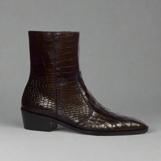 BURGUNDY CROC LEATHER SLIP ON CHELSEA BOOTS WITH ZIPPER - CHELSEA BOOTS