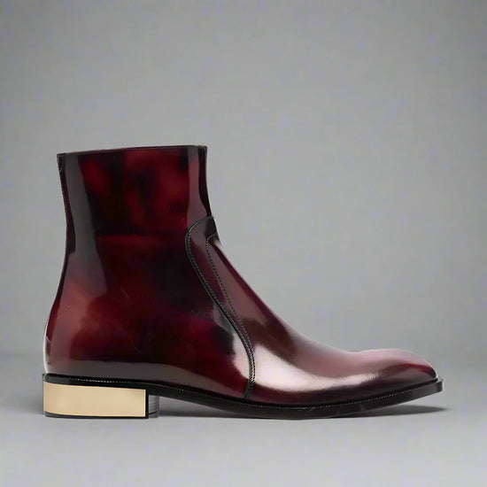 BURGUNDY LEATHER SLIP ON MODENA CHELSEA BOOTS WITH ZIPPER AND GOLDEN HEEL PLATE - CHELSEA BOOTS