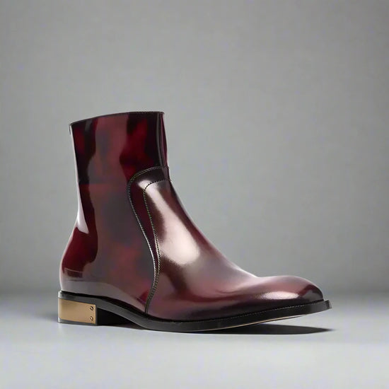 BURGUNDY LEATHER SLIP ON MODENA CHELSEA BOOTS WITH ZIPPER AND GOLDEN HEEL PLATE - CHELSEA BOOTS