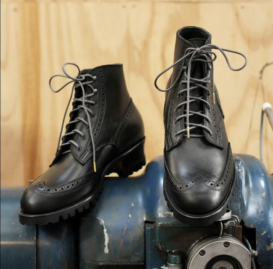 Black Rugged Wingtip Old School Leather Combat Boot  - Boots