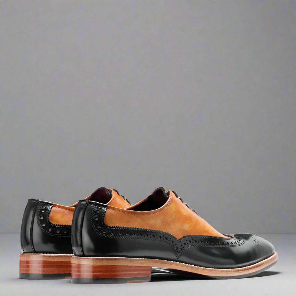 Pair of black and brown dress shoes on a white background