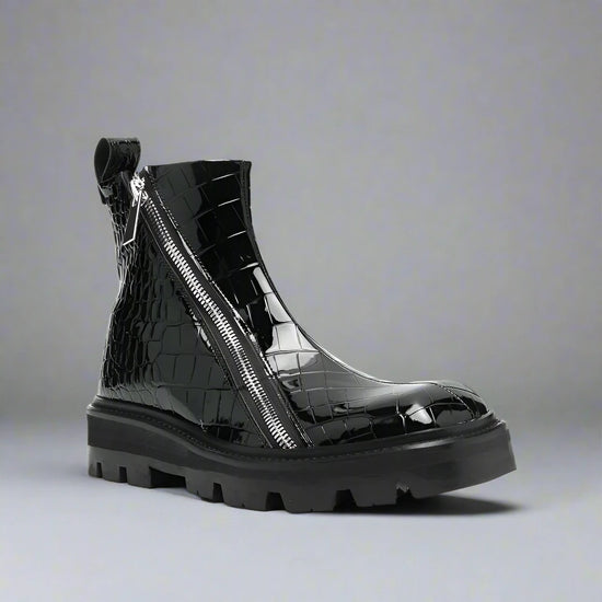 Black Croc Leather Appoggio Ankle Rugged Zipper Combat Hiking Boots with Chunky Track Sole - Boots