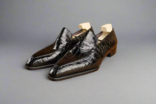 Black Croc Leather lbiza Slip On Cross Component Loafers - Loafers Shoes