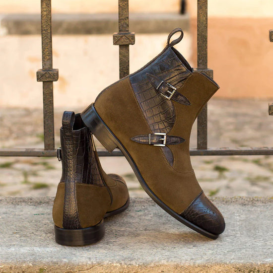 Black Crocodile Print Italian Leather And Green Suede Campinas Slip On Zipper Boots - Alligator Print - Boots