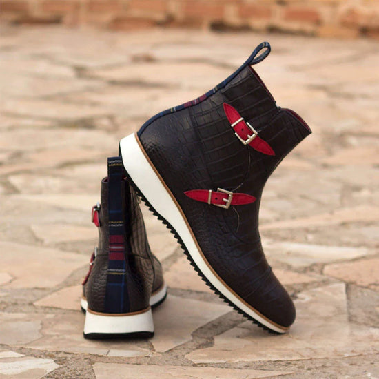 Black Crocodile Print Italian Leather Campinas Slip On Zipper Boots With Sneakers Sole - Alligator Print - Boots