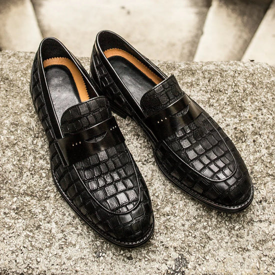 Black Crocodile Print Leather Holroyd Slip On Penny Loafers - Loafers Shoes