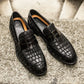 Black Crocodile Print Leather Holroyd Slip On Penny Loafers - Loafers Shoes