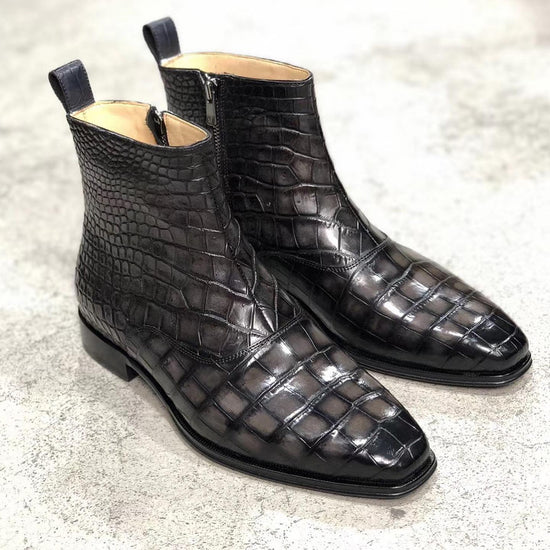 Black Crocodile Print Leather Slip On Zipper Boots - Alligator Print - Boots