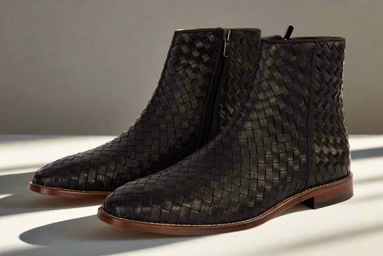 Black Handwoven Leather Braided Men Boot with a Zipper - Boots