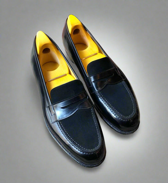 Black Italian Leather And Suede Leather Penny Loafers - Loafers Shoes - ITAXL02