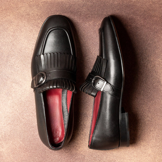 Black Italian Leather Lysandra Tassel Loafers With Monk Strap - Loafers Shoes