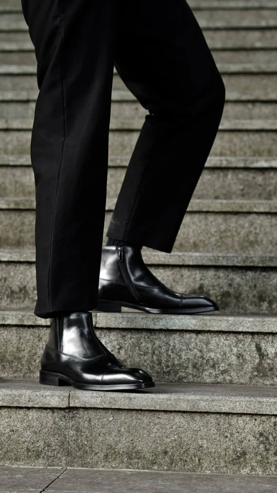 Black Italian Leather Toe Cap Side-Zip Ankle Boots - Chelsea Boots