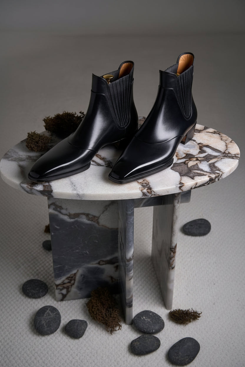 A pair of black leather Chelsea boots with a glossy finish, displayed on a round marble-topped table against a neutral gray background.