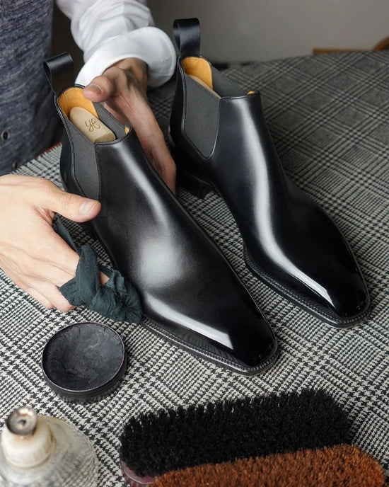 Black Italian Leather Slip On Chelsea Boots - Goodyear Welted Fiddle Back Violin Sole