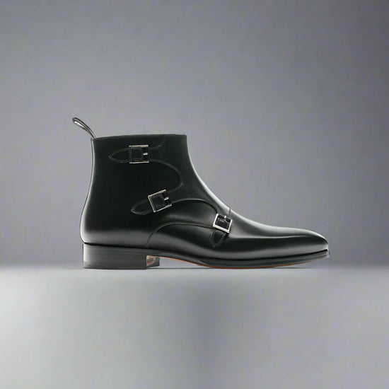 Black Italian Leather Triple Monkstrap Chelsea Boots Shoes With Zipper - Boots - Monk Shoes