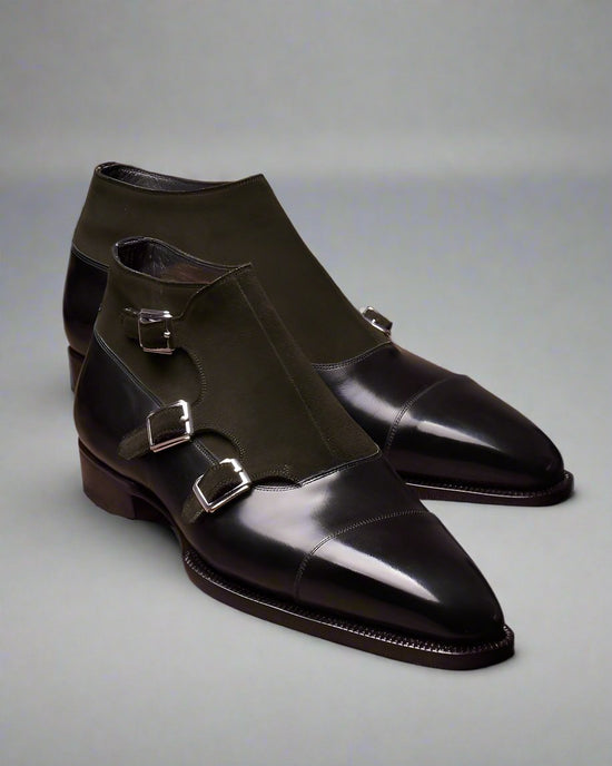 Black Italian Leather Triple Monkstrap Chukka Boots Shoes - Boots - Monk Shoes