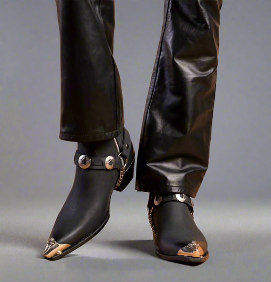 Black Italian Leather  Zipper Western Cowboy Boots With Metal Toe Plate - Cowboy Boots