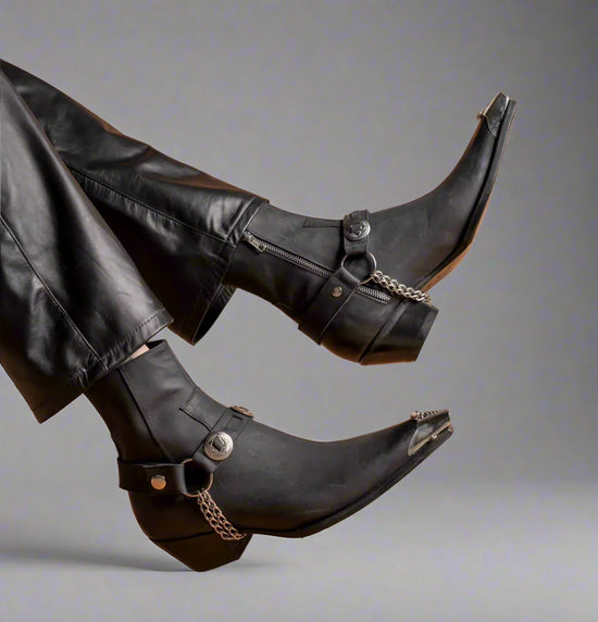 Black Italian Leather  Zipper Western Cowboy Boots With Metal Toe Plate - Cowboy Boots
