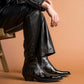 Black Leather And Black Patent Leather Slip On Flames Chelsea With Zipper Pointed Boots - Boots