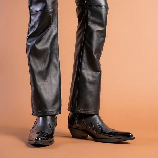 Black Leather And Black Patent Leather Slip On Flames Chelsea With Zipper Pointed Boots - Boots