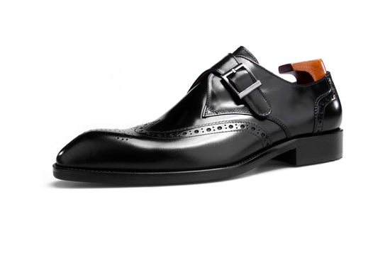 Black Leather Caranavi Brogue Wingtip Monk Strap Shoes - Dress Shoes