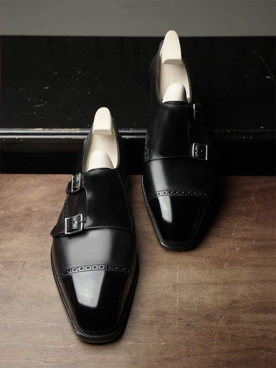 Black Leather Double Monk Strap Toe Cap Shoes - Monk Shoes - Formal Shoes