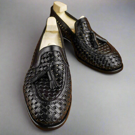 Black Leather Emeric Braided Slip On Round Toe Loafers Shoes - Loafers Shoes