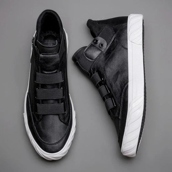 Black Leather High Top Lace Up Sneakers with White Sole - Sneaker Shoes
