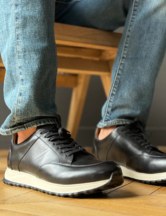 Black Leather Lace Up Running Sneaker Shoes-Sneakers Shoes