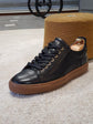 Black Leather Low Top Lace Up Sneakers with Brown Sole - Sneaker Shoes