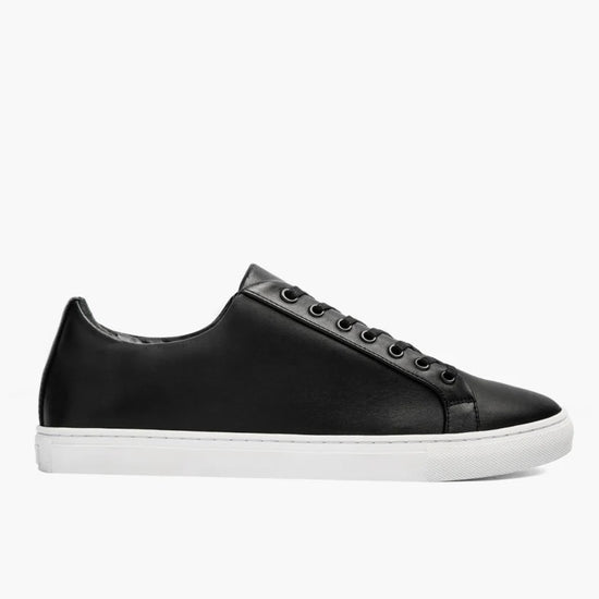 Black Leather Low Top Lace Up Sneakers with White Sole - Sneaker Shoes