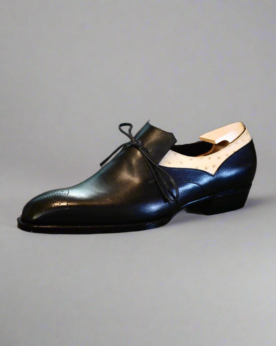 Black Leather Midara Slip On  Loafers With Brogue And Ostriched Leather - Formal Shoes