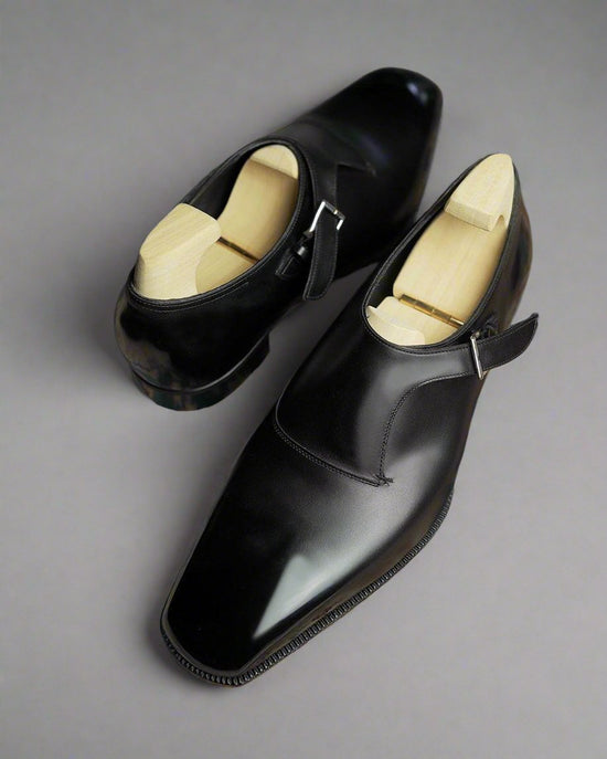 Black Leather Single Monk Strap Whole Cut Shoes - Monk Shoes - Formal Shoes