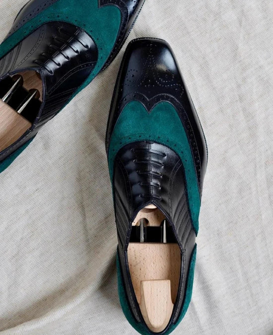 Black Leather and Blue Suede Cedara Brogue Wingtip Oxfords - Formal Shoes