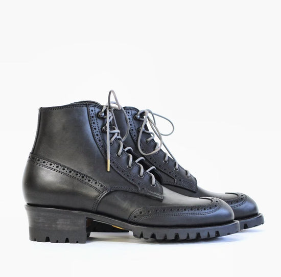 Black Rugged Wingtip Old School Leather Combat Boot  - Boots
