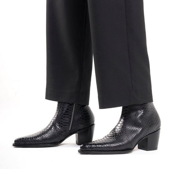 Black Snake Leather Slip On Chelsea With Zipper Pointed Boots - Boots