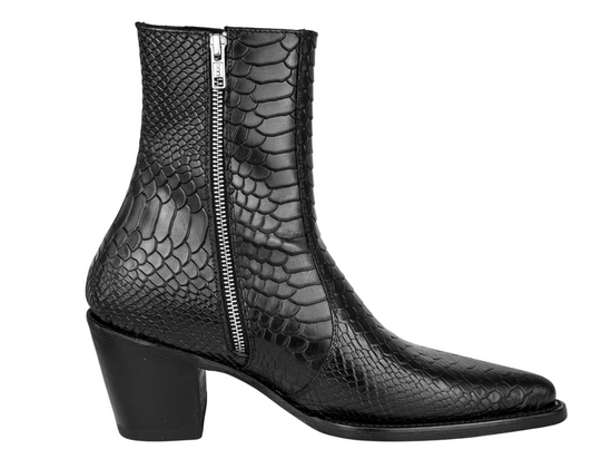 Black Snake Leather Slip On Chelsea With Zipper Pointed Boots - Boots