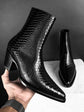 Black Snake Leather Slip On Chelsea With Zipper Pointed Boots - Boots