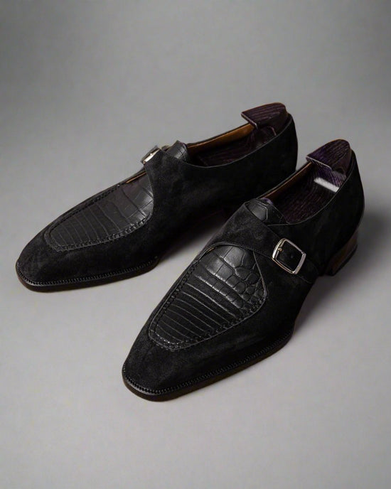 Black Suede And Alligator Italian Leather Single Monkstrap Shoes - Formal Shoes - Monk Shoes