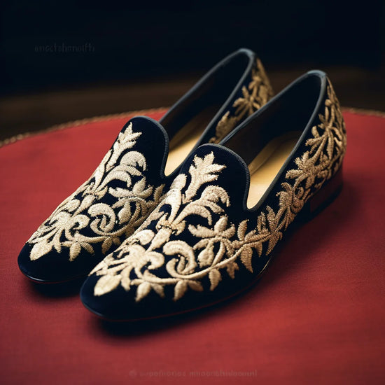 Black Velvet Hand Work Zardozi Peshawari Loafers | Wedding Shoes for Groom | Shoes for Haldi Mehendi Sangeet
