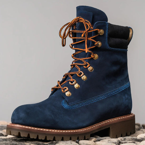 Blue Suede Italian Leather Appoggio Ankle Rugged Lace Up Combat Hiking Boots with Chunky Track Sole - Boots