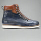Blue Alligator Leather and Brown Leather High Top Lace Up Sneakers With White Sole - Sneaker Shoes - Boots