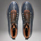 Blue Alligator Leather and Brown Leather High Top Lace Up Sneakers With White Sole - Sneaker Shoes - Boots