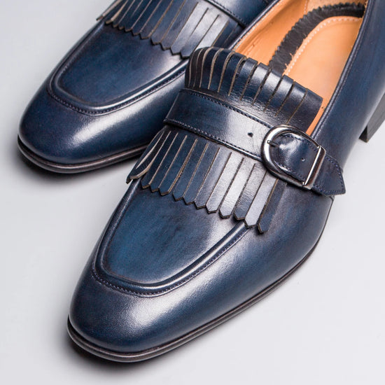 Blue Italian Leather Lysandra Tassel Loafers With Monk Strap - Loafers Shoes