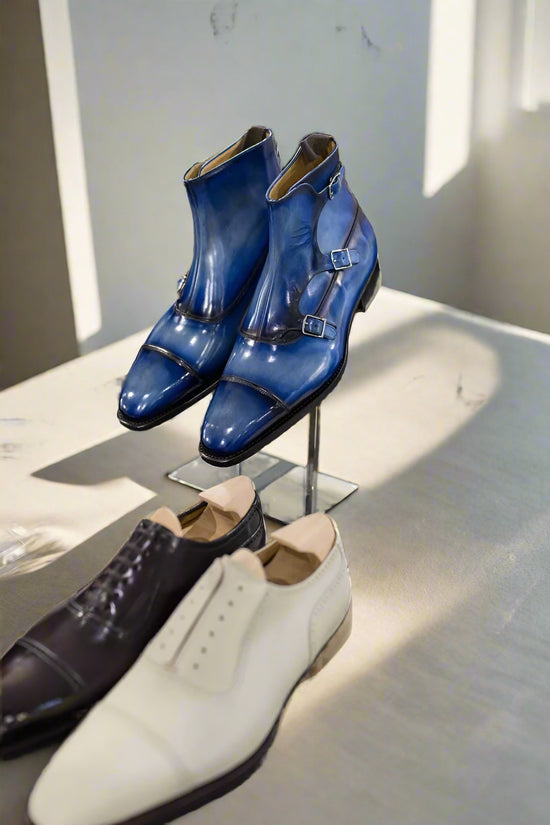 Blue Italian Leather Triple Monkstrap Chelsea Boots Shoes With Zipper - Boots - Monk Shoes