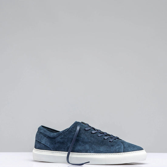 Blue Italian Suede Leather Low Top Lace Up Sneakers with White Sole - Sneaker Shoes