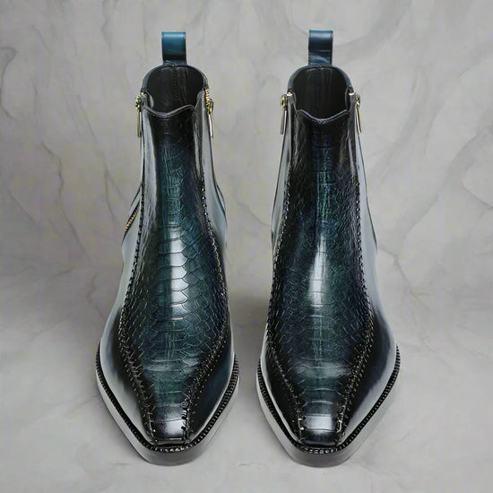 Blue Leather And Blue Croc Draven Zipper Boots - Boots