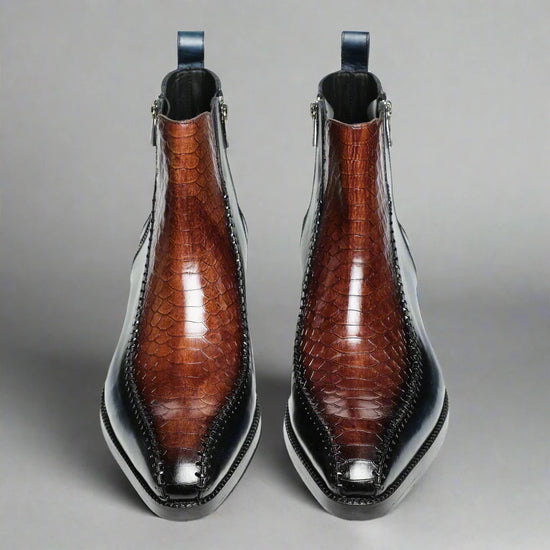 Blue Leather And Brown Croc Draven Zipper Boots - Boots